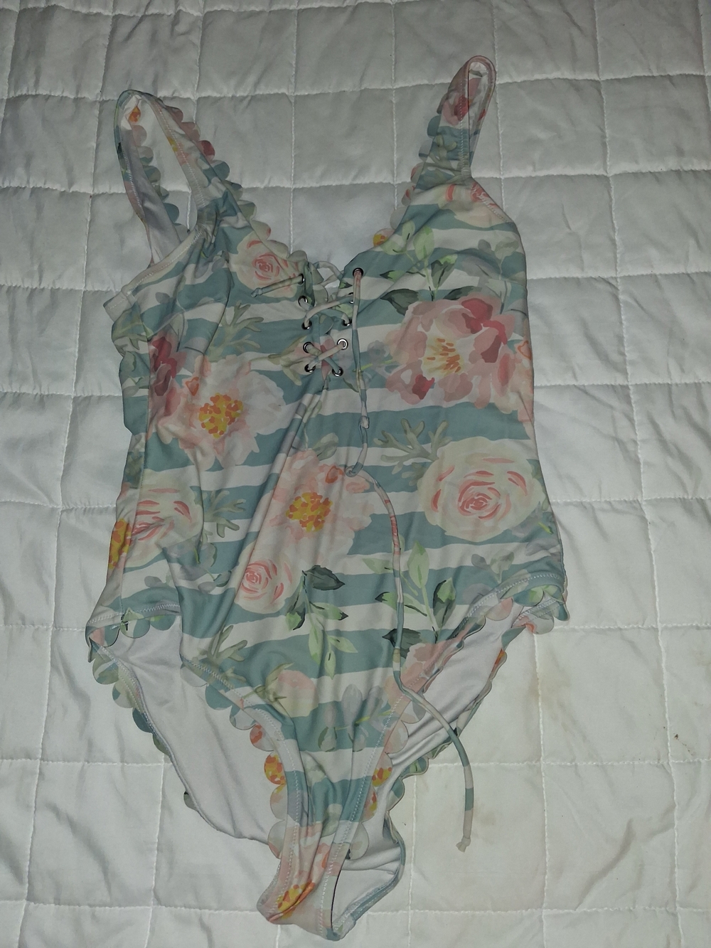 Floral Striped Lace-Up One-Piece Swimsuit in Mint and Pink